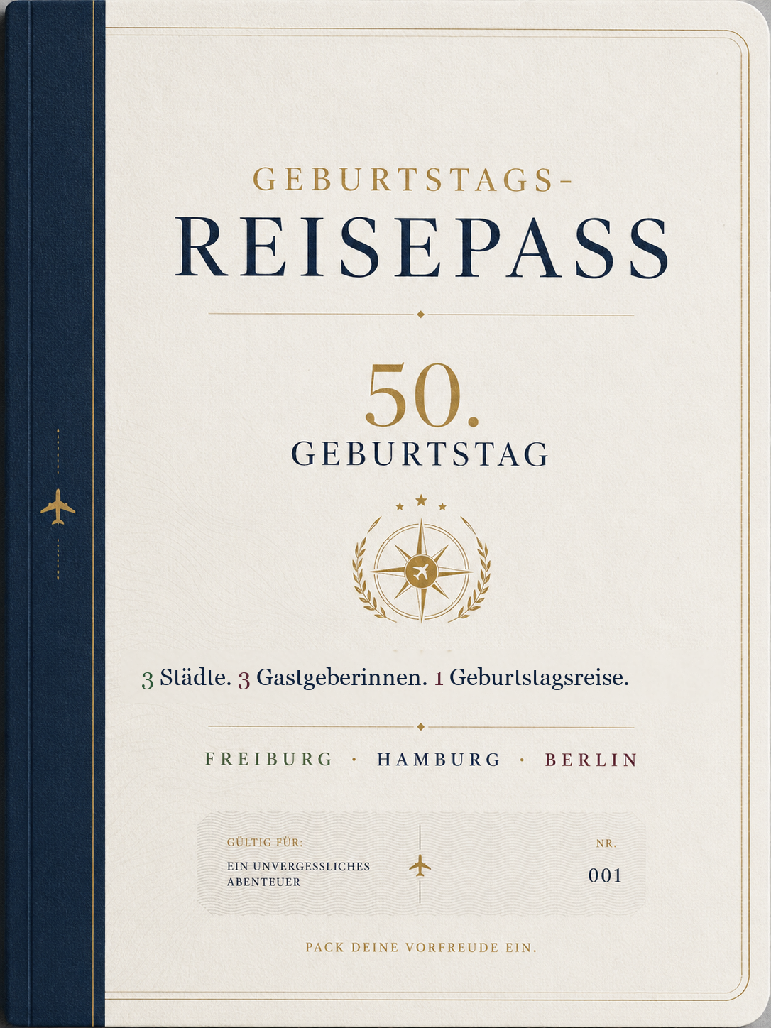 Cover des Geburtstags-Reisepasses zum 50. Geburtstag mit goldenem Kompass und den Stationen Freiburg, Hamburg und Berlin.