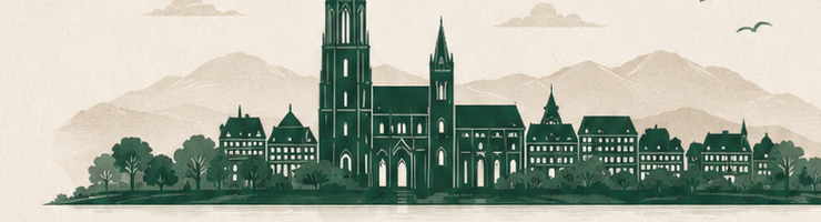 Gezeichnete Skyline von Freiburg mit dem Freiburger Münster vor den Bergen des Schwarzwalds.